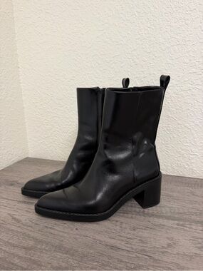 Massimo Dutti Black Leather Ankle Boots with Block Heel